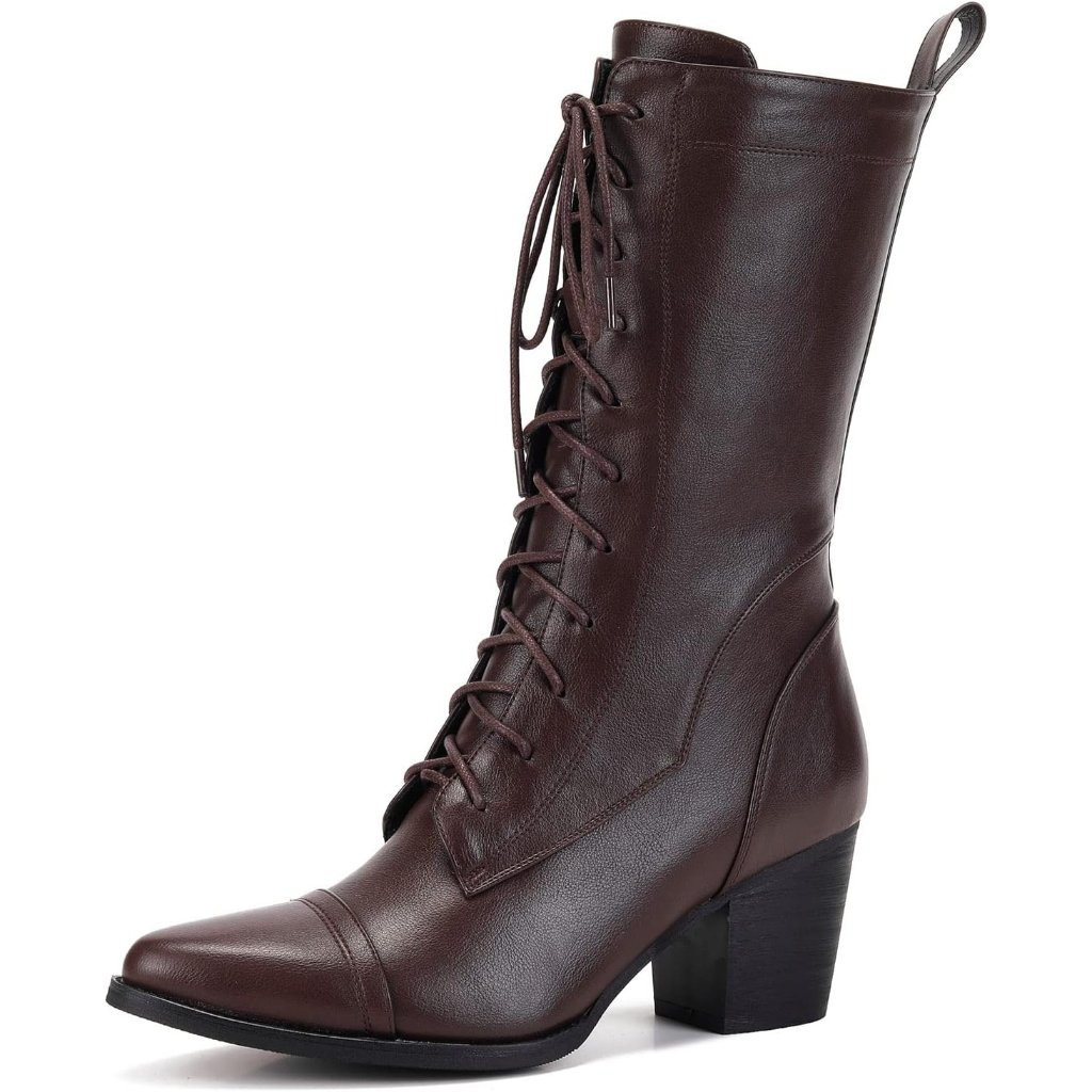 Women's Brown Mid Calf Boots Lace Up Combat Boots Leather Side Zipper